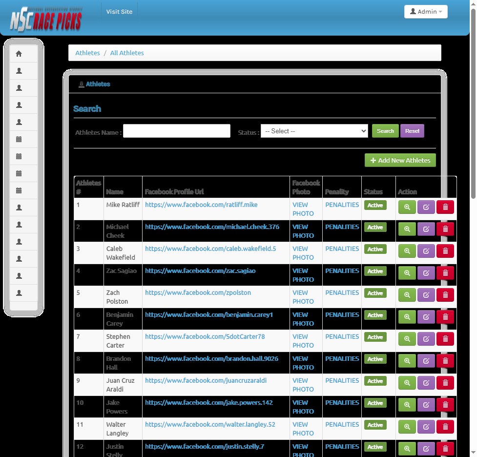 Sports fan picks athletes list with Facebook profile links photos penalties and active status
