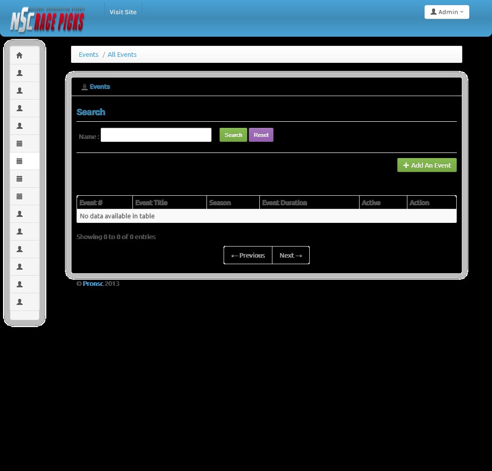 Sports fan picks events admin grid with season duration and add event action