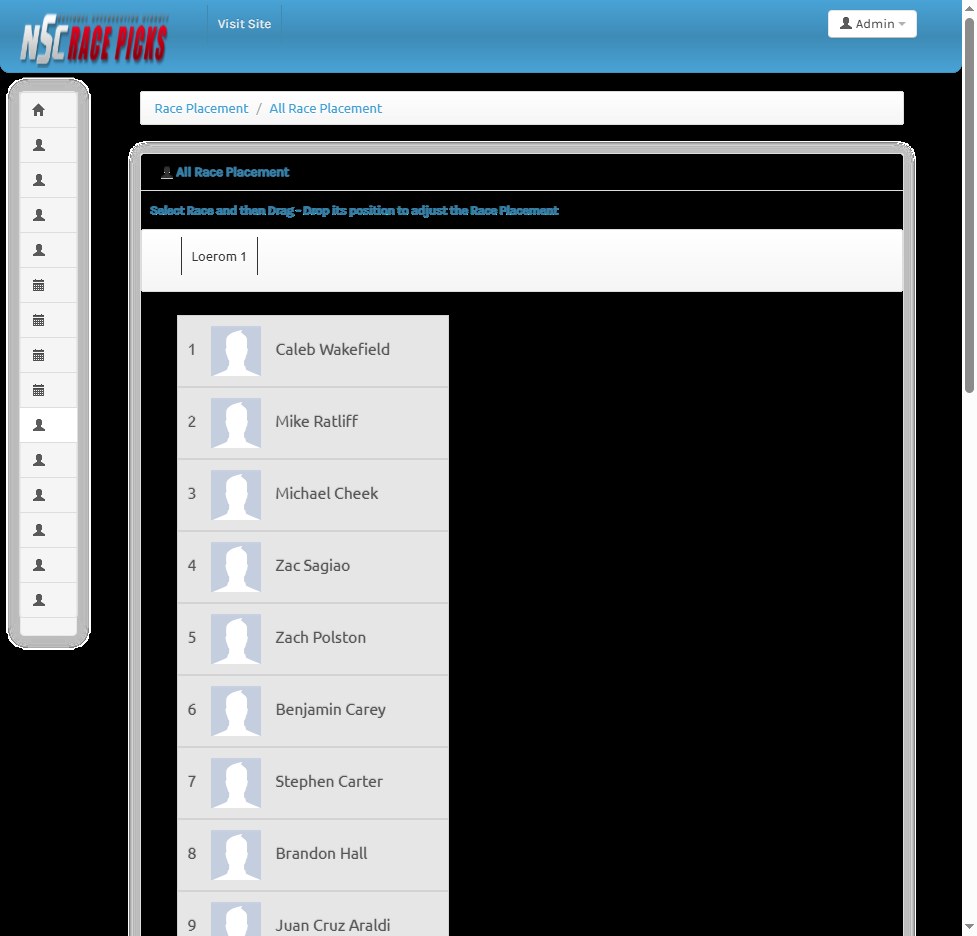 Sports fan picks drag and drop race placement list with publish and reset controls