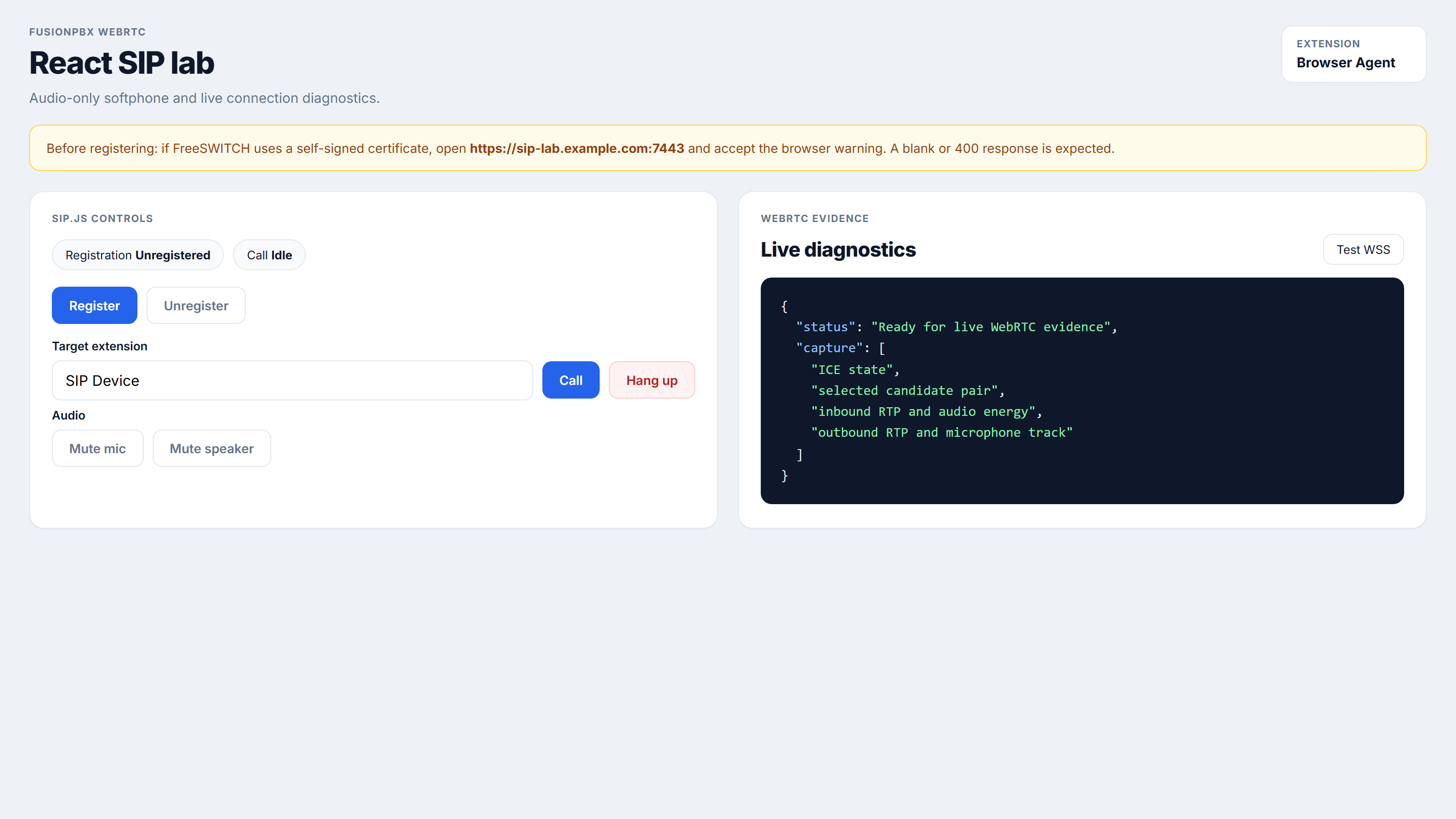 React SIP lab UI with softphone controls and diagnostics panel