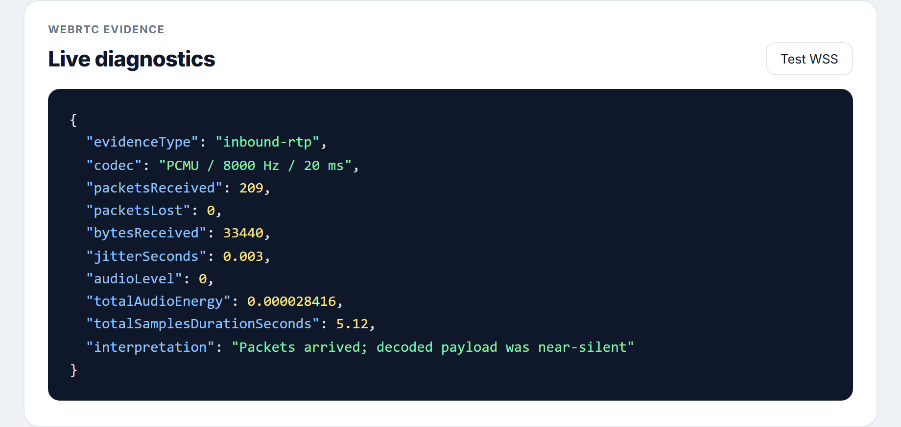 WebRTC inbound RTP stats showing packets with near-zero audio energy