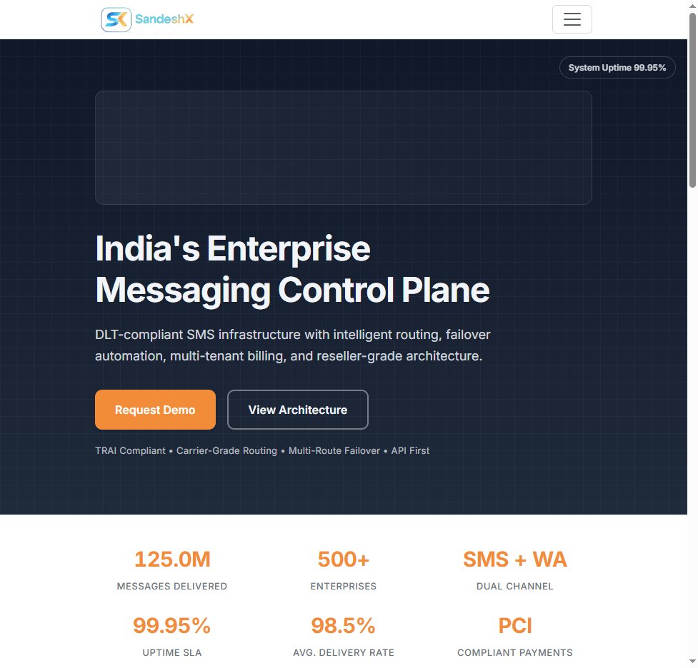 SMS CPaaS platform landing hero: India's Enterprise Messaging Control Plane, Request Demo, and marketing stats including 125.0M messages delivered
