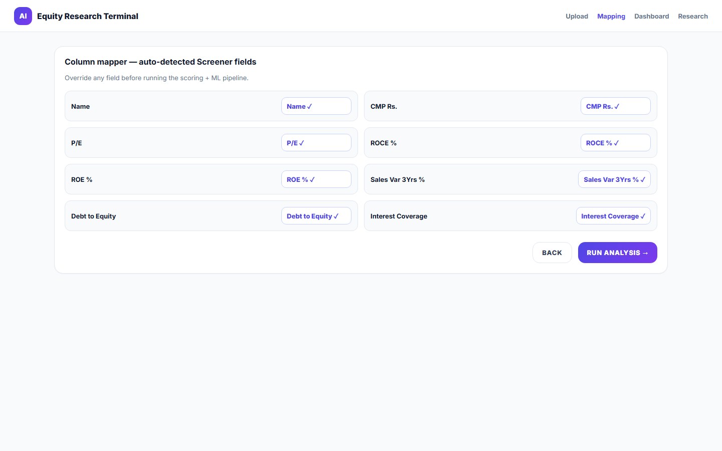 Column mapper auto-detecting Name CMP PE ROCE and hygiene fields