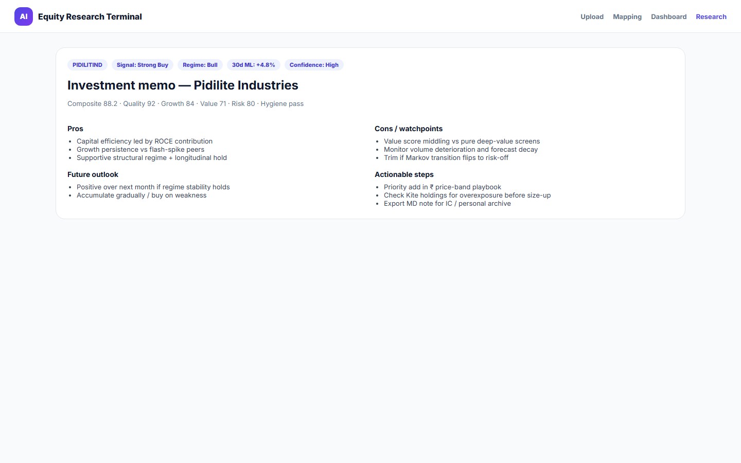 Per-stock research memo with pros cons outlook and actionable steps