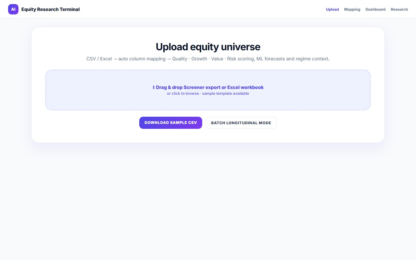 AI equity research upload screen for CSV and Excel screener exports