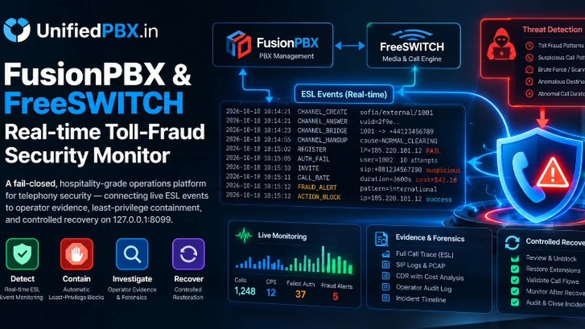 FusionPBX and FreeSWITCH toll-fraud security monitor — ESL detection and broker lockdown