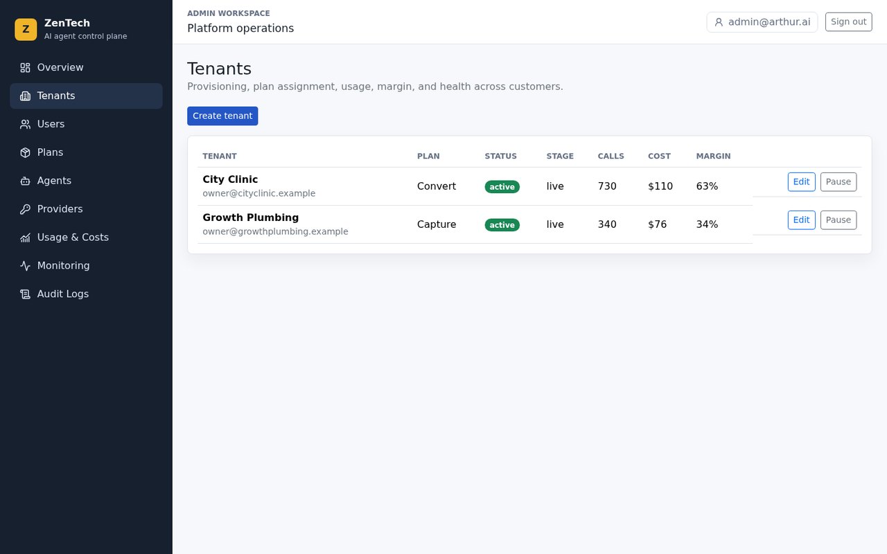 Tenant list with City Clinic and Growth Plumbing, plans, call volume and pause actions
