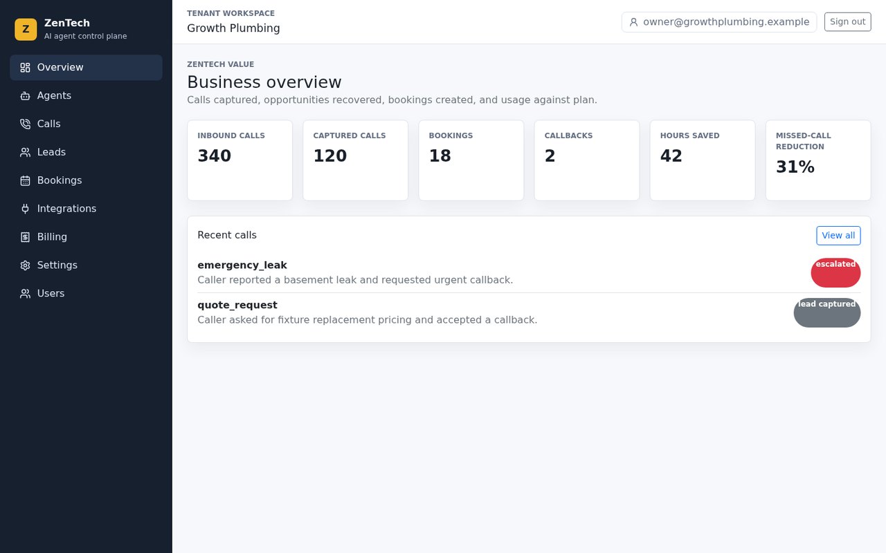 Growth Plumbing owner dashboard with inbound calls, captured jobs, bookings and an escalated leak