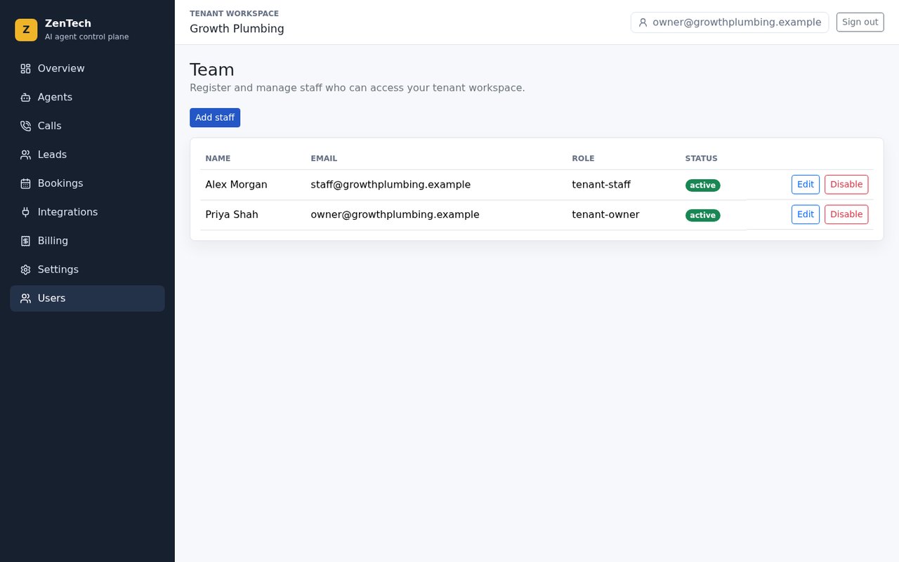 Growth Plumbing team list with tenant-owner and tenant-staff roles